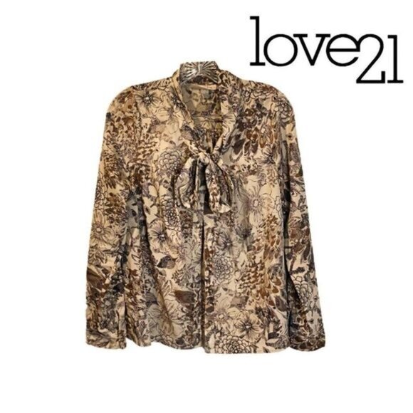 love21 Women's Bow Tie Neck Long Sleeve Button Down Shirt Casual Office‎ blouse - Picture 1 of 7